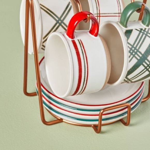 9pc Christmas Plaid Stripes Stoneware Mug & Saucer Caddy Set Red/Green/C… - Picture 3 of 4
